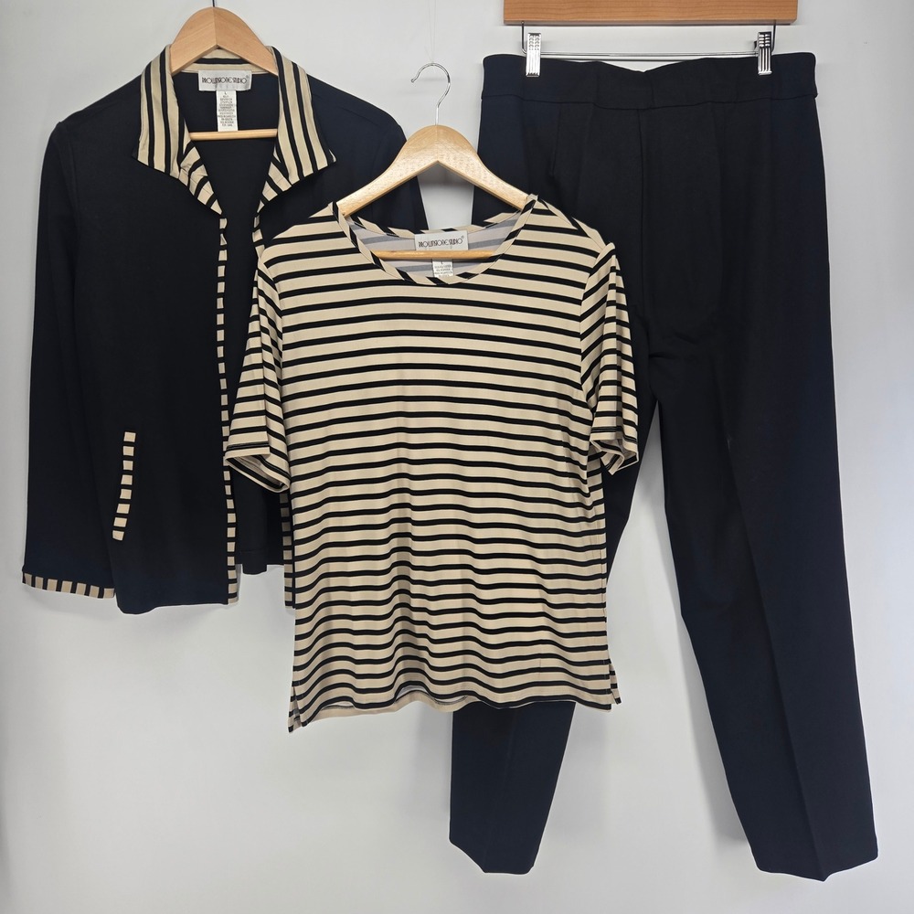 Brownstone Studio Pant Suit Set Women L Black Beige Striped 3 Piece Jacket Top